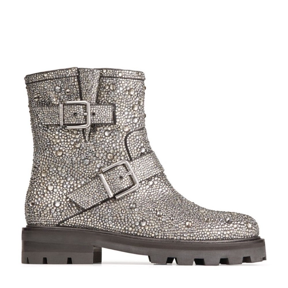 New JIMMY CHOO Youth Ii Crystal-Embellished Boots - Grey $6,295 36.5